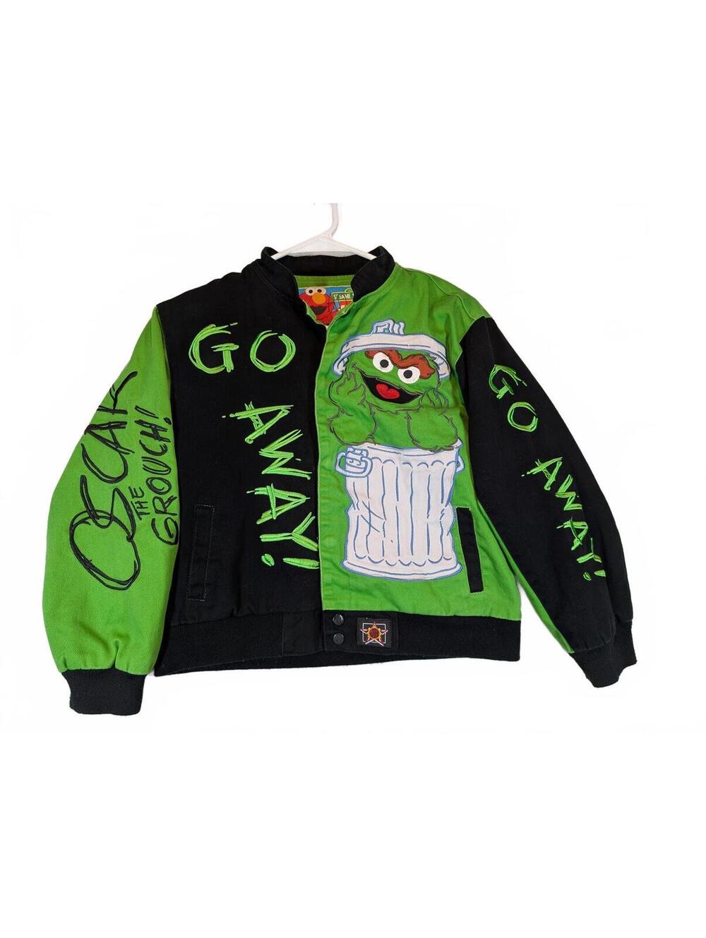 JH Design Sesame Street Oscar The Grouch Varsity Green Jacket Kids Large 9-10